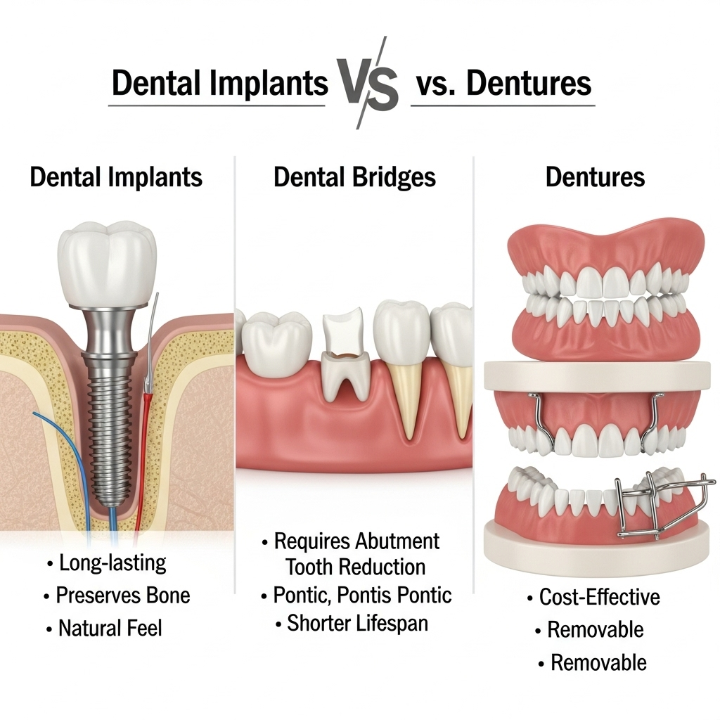 Dental Implants vs. Dental Bridges vs. Dentures – Expert Advice from a Specialist Dentist in Lahore at Dental Avenue Hospital | Permanent tooth replacement options | Pros and cons of dental implants, bridges, and dentures | Best restorative dental treatments in Pakistan | Affordable missing tooth solutions | Long-lasting dental restoration Lahore | Advanced dental procedures for smile restoration