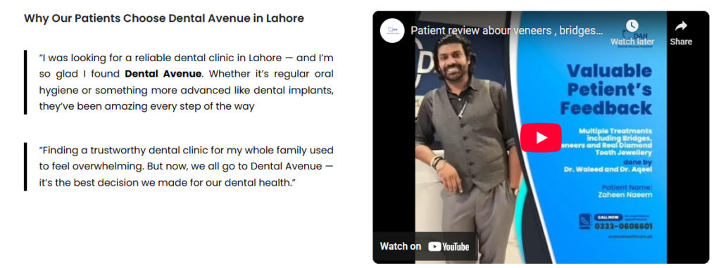 Patient Testimonials and Success Stories at Dental Avenue Hospital Lahore Cantt – Hear from our happy patients who have experienced life-changing dental treatments. Discover real-life success stories of improved smiles, restored confidence, and enhanced oral health at our trusted dental clinic in Lahore