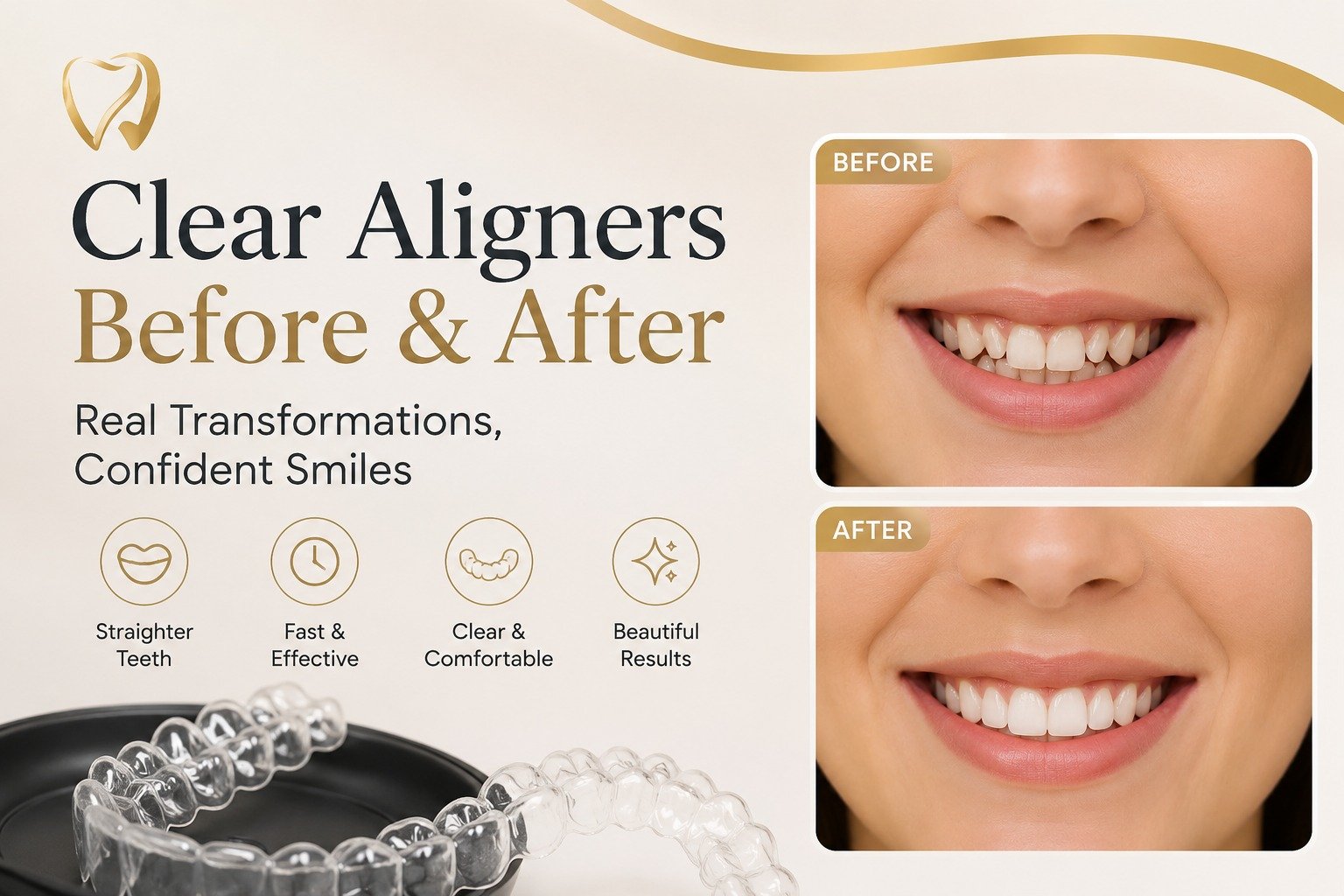 Side-by-side comparison of teeth before and after clear aligner treatment showing correction of crooked teeth and crowding.