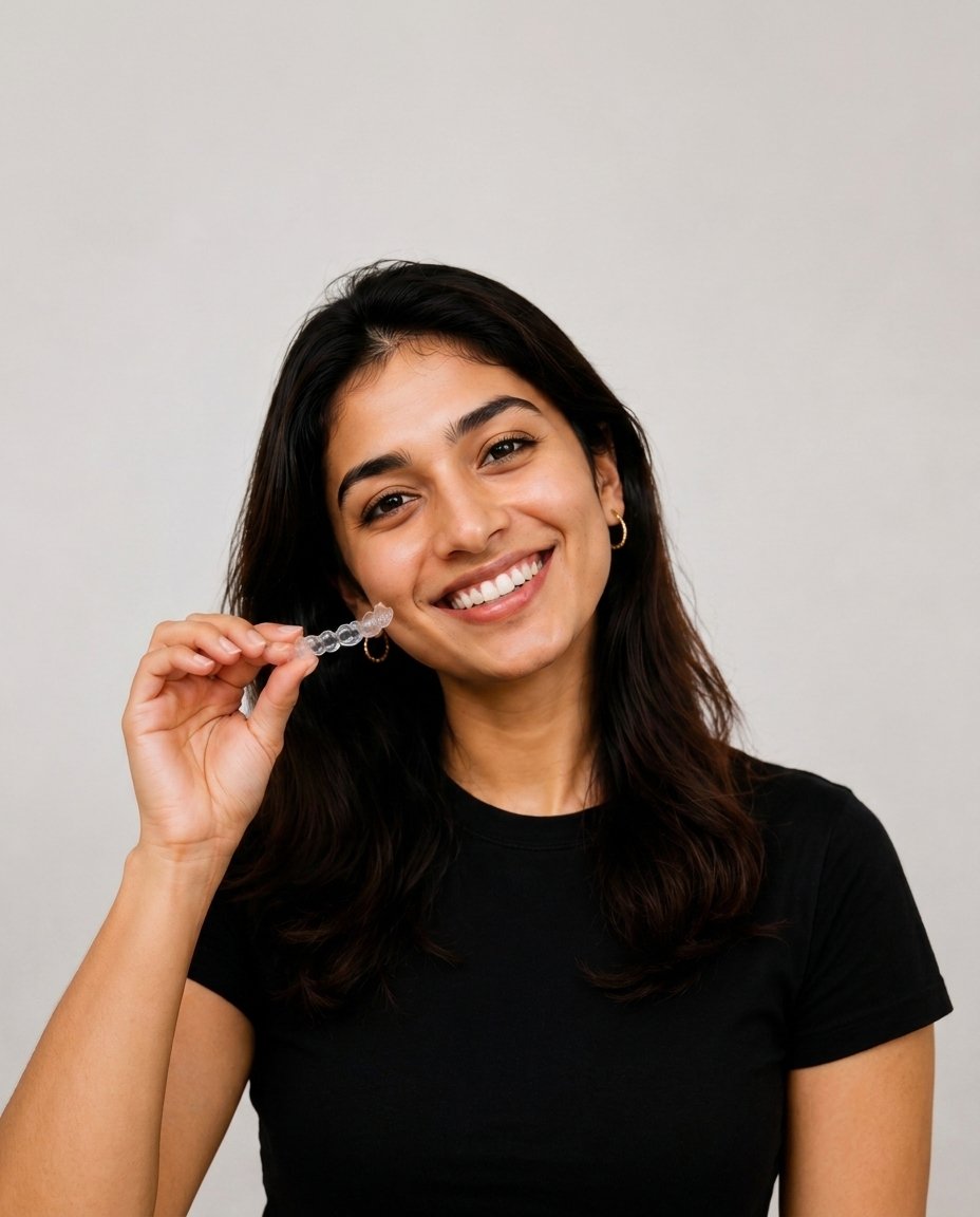 Woman in black t-shirt smiling and holding a clear aligner tray near her face