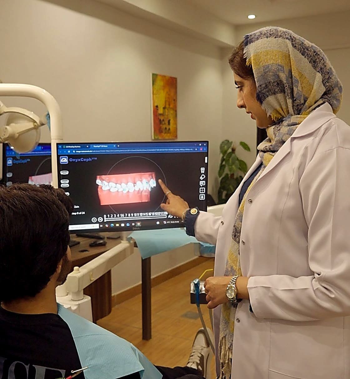 Premium dental clinic interior during a digital treatment planning session