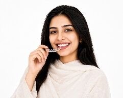 Patient holding a custom clear aligner tray
