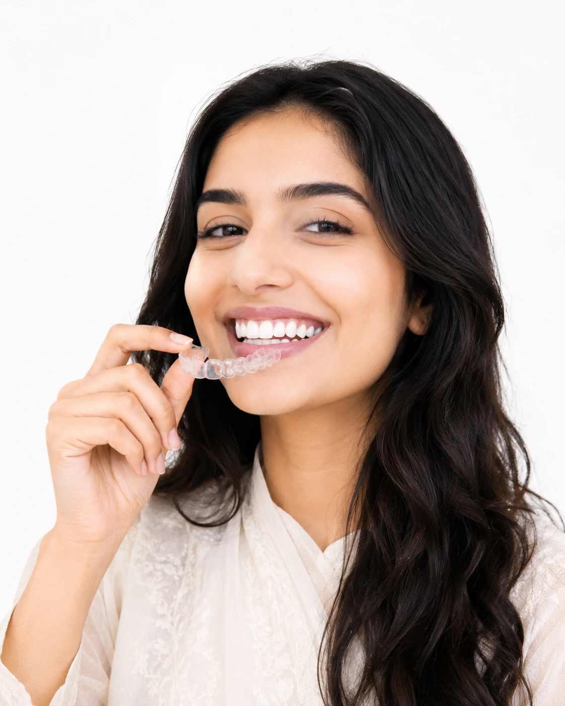 Woman smiling while placing a clear aligner tray in her mouth